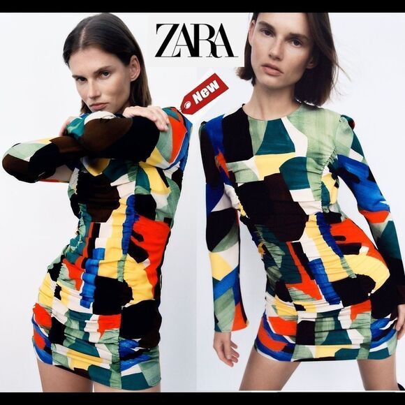 Zara multicoloured printed dress with draping long sleeve ruched Sz S NWT - Picture 1 of 10